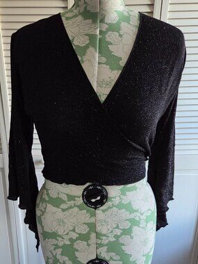 Black Sparkly Cropped Wrap Top with Bell Sleeves